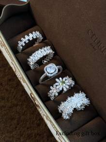 5pcs Elegant Copper Inlaid Cubic Zirconia Fashion Simple Chic Rings Set, Suitable For Wedding, Party, Holiday Gift, Bride