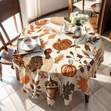 1pc Thanksgiving Turkey & Autumn Leaves Pattern Tablecloth, Seasonal Kitchen/Dining Table Decor, Round/Rectangular Sizes Available, Polyester Material, Indoor/Outdoor Party Decoration, Thanksgiving Holiday Decor, Home & Event