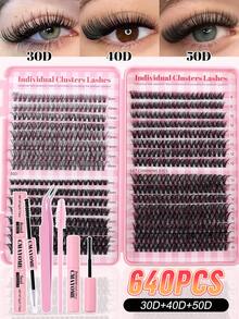 CMAYOME 640 睫毛 D-Curl 睫毛延长套装，大容量组合睫毛套装，DIY 睫毛延长套装，30D+40D+50D 睫毛簇，D-Curl 个人睫毛套装，含睫毛粘合剂和密封剂，以及 9-16mm 混合睫毛延长套装睫毛簇套装，睫毛，睫毛，假睫毛 - 彩色 - 查看 2