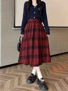 Plaid Casual Pleated High Waist Women's Skirt, Suitable For Daily Life, Photography, All Seasons - Red - View 5