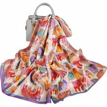 100% Mulberry Silk Scarf For Women Lightweight Long Scarves Beach Wraps Cover Up -Travel Photography Scarfhalloween - 米色橙貓 - 查看 8