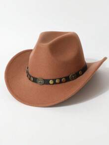 1pc Of Unisex Western Cowboy Hats, Decorated With A Detachable Bull Head Rivet - 100% Polyester Hand-Woven Jazz Top Hat, Featuring A Non-Elastic And Lightweight Design, Is Suitable For Outdoor Activities, Horseback Riding, Stage Performances At Parties, And Birthday Parties
