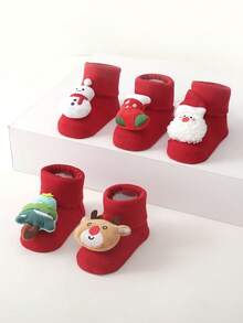 2 Pairs Kids Christmas Socks, Cartoon Anti-Slip Indoor Socks, Warm Toddler Socks, New Year Red Socks