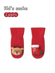 2 Pairs Kids Christmas Socks, Cartoon Anti-Slip Indoor Socks, Warm Toddler Socks, New Year Red Socks