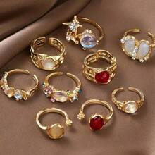 Irregular Shaped Artificial Crystal Open Ring Set, Retro Bohemian Style Stacked Ring Set, Women's Fashionable Jewelry Party Daily Wear Vacation Gift - 9Pcs/Set - 查看 5