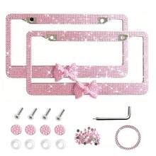 2PCS Stainless Steel License Plate Frames, Pre-Drilled US Standard Size, Scratch-Resistant & Weatherproof (White/Pink/Black), Custom Car Decor Accessories, Stylish Plate Protector, Practical Gift For Car Owners - 粉紅色和粉紅色蝴蝶結 - 查看 1