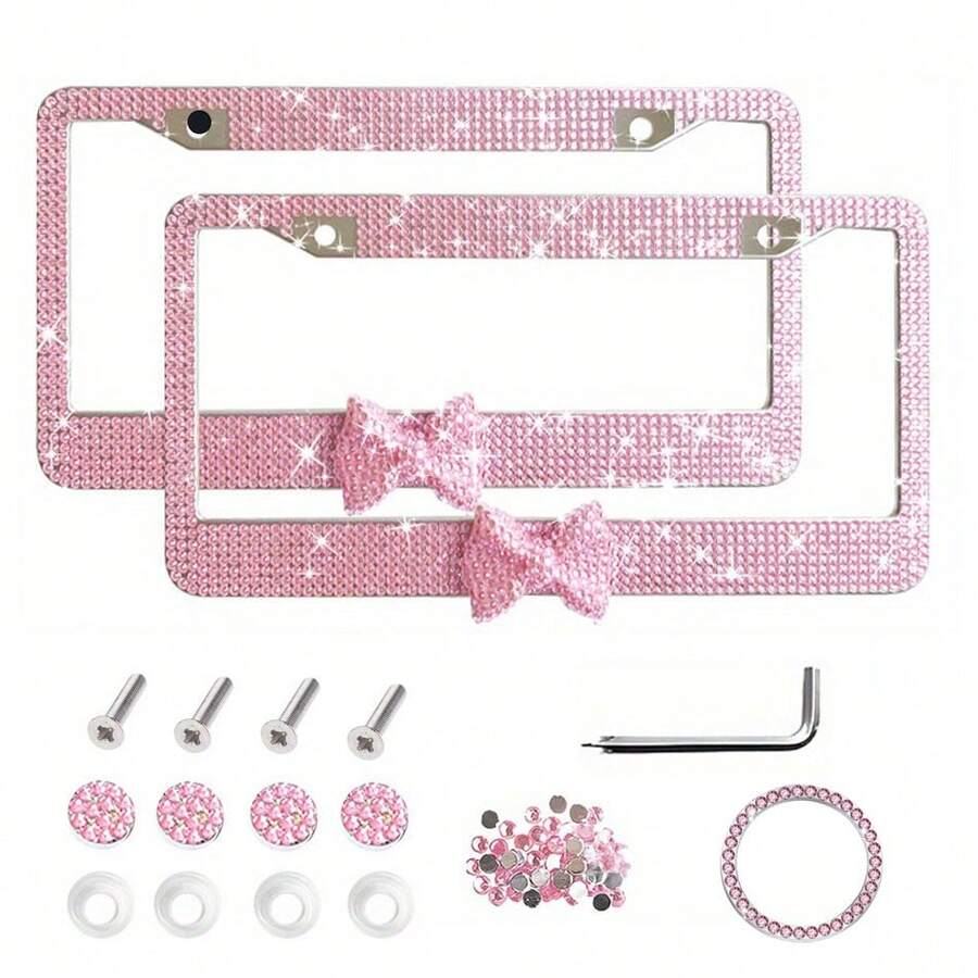 2PCS Stainless Steel License Plate Frames, Pre-Drilled US Standard Size, Scratch-Resistant & Weatherproof (White/Pink/Black), Custom Car Decor Accessories, Stylish Plate Protector, Practical Gift For Car Owners - 粉紅色和粉紅色蝴蝶結 - 查看 1