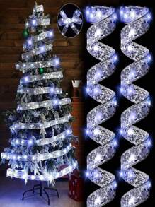 1 pieza Cinta de luz LED, Cinta de luz de hadas para árbol de Navidad, sin enchufe, alimentada por batería, decoración navideña interior para bodas, jardín, hogar, sala de estar, boda, Halloween, Navidad, decoraciones para fiestas, regalo perfecto para cumpleaños y decoraciones interiores y exteriores con caja de regalo de cinta y acentos de cinta de satén, con adornos brillantes, luz para árbol de Navidad