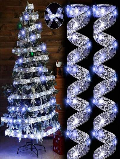 1 Stück LED Lichtband, Weihnachtsbaum Fairy Lichtband, batteriebetrieben, ohne Stecker, Innenraum Dekoration für Hochzeiten, Garten, Zuhause, Wohnzimmer, Hochzeit, Halloween, Weihnachten, Partydekorationen, perfektes Geschenk zum Geburtstag und Innen- und Außendekorationen mit Geschenkbox und Satinband Akzenten, mit glitzernden Verzierungen, Weihnachtsbaum Licht