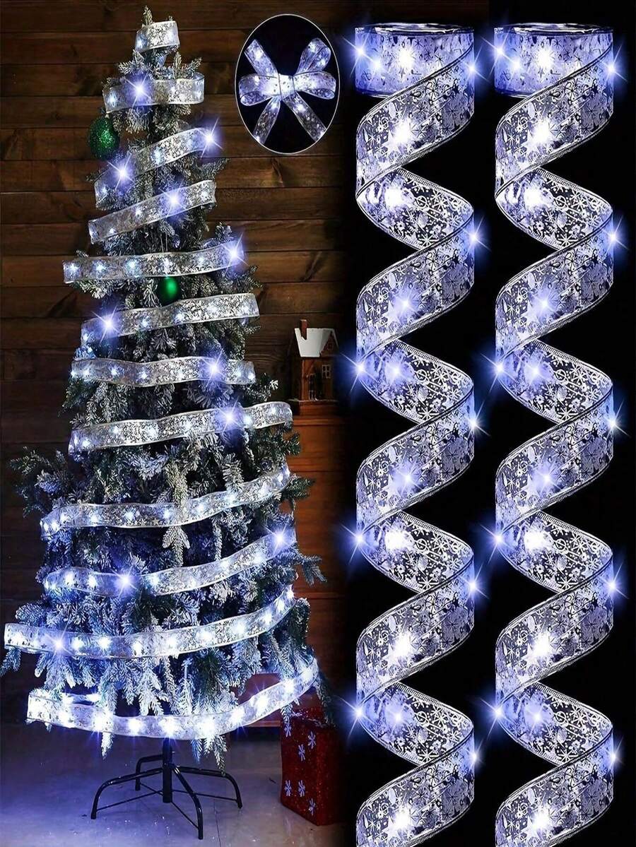 1 pieza Cinta de luz LED, Cinta de luz de hadas para árbol de Navidad, sin enchufe, alimentada por batería, decoración navideña interior para bodas, jardín, hogar, sala de estar, boda, Halloween, Navidad, decoraciones para fiestas, regalo perfecto para cumpleaños y decoraciones interiores y exteriores con caja de regalo de cinta y acentos de cinta de satén, con adornos brillantes, luz para árbol de Navidad