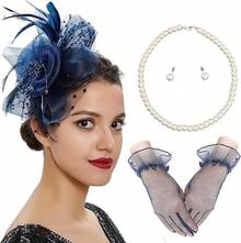 Ibeauti Fascinator Hats With Screentouch Lace Gloves Set Women Tea Party Cocktail Wedding Derby Headwear Short Gloves - 02 海軍藍 - 查看 1