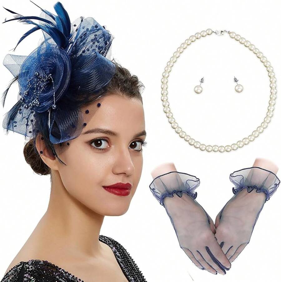 Ibeauti Fascinator Hats With Screentouch Lace Gloves Set Women Tea Party Cocktail Wedding Derby Headwear Short Gloves - 02 海軍藍 - 查看 1