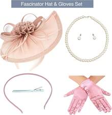 Ibeauti Fascinator Hats With Screentouch Lace Gloves Set Women Tea Party Cocktail Wedding Derby Headwear Short Gloves - 05粉色 - 查看 2