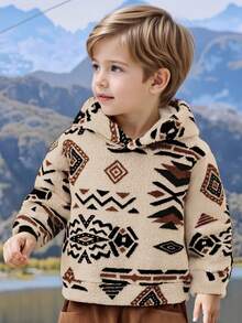 Young Boy Geometric Flocked Long Sleeve Thickened Fleece Hooded Sweatshirt, Casual Outdoor, Shopping, Suitable For Winter - Nhiều màu - Xem 4