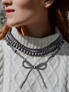 1~4 件女士黑珍珠蝴蝶结项链套装，仿珍珠 4 毫米/6 毫米/8 毫米珍珠多层项链套装，西部牛仔风格，时尚珠宝礼物 - 黑色 - 查看 2