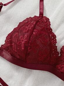 Conjunto de lencería sexy para mujer con blusa de encaje con tirantes finos y espalda descubierta y braga tipo g-string