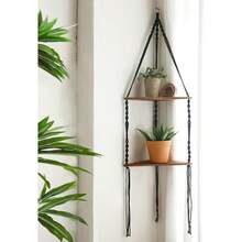 YF10 Macrame Corner Shelf Wall Hanging 2 Tier Black Corner Floating Shelves Boho Wall Decor Rustic Wooden Plant Shelf Storage Rack For Bedroom Living Room Bathroom - BlackShelf - 查看 1