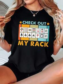 Women's-Shirt Casual Round Neck Black White Options Mahjong CHECK OUT MY RACK Print Graphic Tee Daily Wear Shirts Summer Tops Graphic Tees Summer Outfits Women Graphic Tees Women Crop Tops Tops Women Vintage Cotton Cute Clothes Women - 黑色 - 查看 1