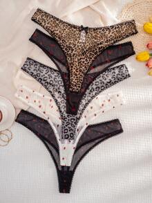 5pcs Women's Plus Size Solid Color, Leopard, Strawberry, Heart, Bow Comfortable Thong Panties - Multicolor - View 3