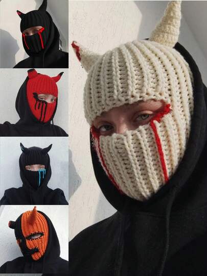 Red Knitted Devil Horn Full Face Mask Beanie Hat Fashionable Crochet Knitted Hoodie Hat, Winter Warm Headwear, Unique Cosplay Accessory, Unisex Cold Weather Protection