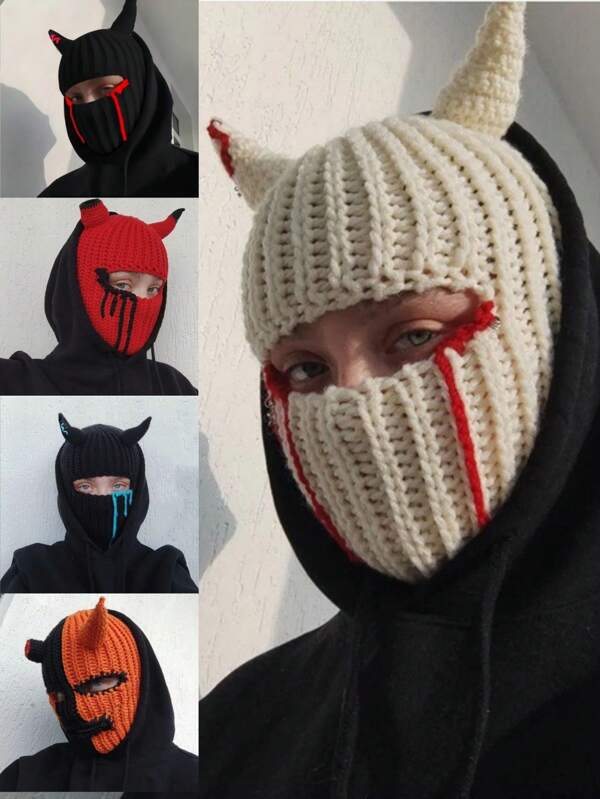 Máscara de gorro de lana roja con cuernos de diablo que cubre todo el rostro, gorro tejido a ganchillo de moda, accesorio de disfraz único, protección contra el frío para unisex