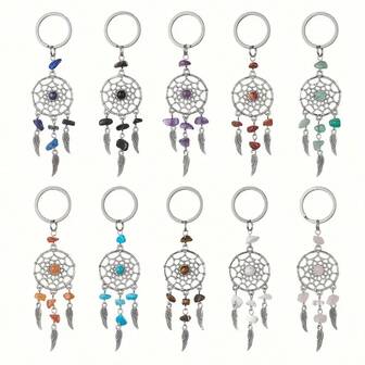 10pcs/Set Dreamcatcher Keychain Set, Assorted Natural Gemstone Wing Charms, Handmade Round Keyring, Suitable For Expressing Friendship And Love, Unique Gemstone Keyring Series, Ideal As Gifts Or For Special Occasions Christmas Bag Charms Car Accessories Teacher Sister Gift Ideas