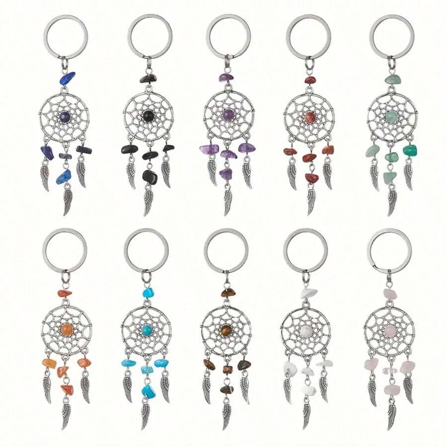 10pcs/Set Dreamcatcher Keychain Set, Assorted Natural Gemstone Wing Charms, Handmade Round Keyring, Suitable For Expressing Friendship And Love, Unique Gemstone Keyring Series, Ideal As Gifts Or For Special Occasions Christmas Bag Charms Car Accessories Teacher Sister Gift Ideas