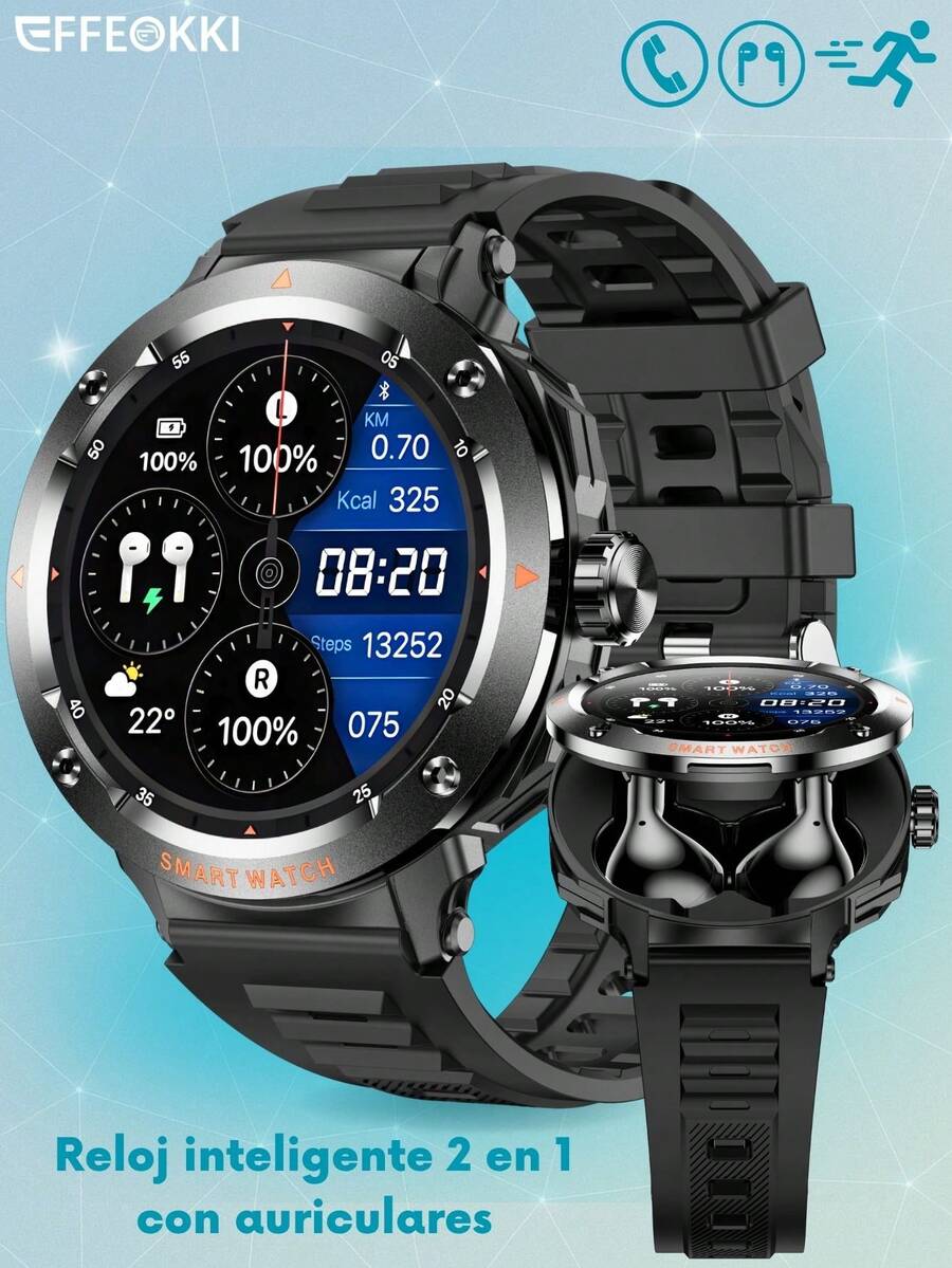 EFFEOKKI TWS 2 en 1 Smartwatch con Auriculares - Bisel de Aleación de Zinc, Pantalla Redonda de 1.46", Función de Llamada Inalámbrica, Reproducción de Música, NFC, Múltiples Modos Deportivos, Seguimiento de Actividad Física, Compatible con iPhone y Android