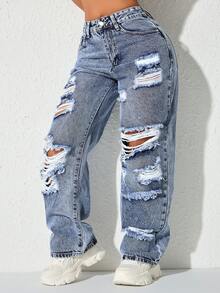 Quần jeans ống đứng cạp cao xẻ tà, túi bên hông, phong cách vintage Y2K Rave, thích hợp cho mùa xuân. - Rửa tối - Xem 6