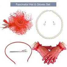 Ibeauti Fascinator Hats With Screentouch Lace Gloves Set Women Tea Party Cocktail Wedding Derby Headwear Short Gloves - 02 Red - 查看 4