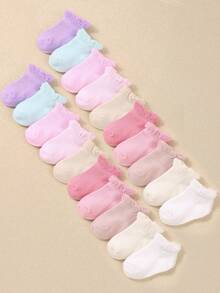 10 đôi tất ngắn màu Dopamine, thiết kế có viền bèo nhún cho bé gái. Được làm từ vải lưới ren mềm mại và thoải mái. Thích hợp cho trẻ sơ sinh từ 0-3 tuổi. - Nhiều màu - Xem 2