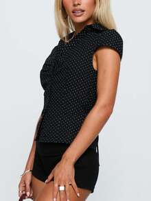 Women Y2k Button Down Shirt Top Tie Back Blouse Cap Sleeve Lapel Ruched Front Slim Fit T Shirts Crop Tops Summer Casual Going Out Tops Vintage Aesthetic Clothes Retro Blouse Streetwear - Nhiều màu - Xem 8