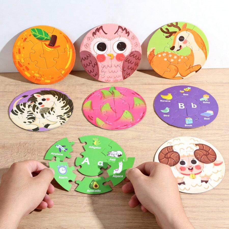 1 mảnh ghép hình tròn chữ cái và số đóng hộp, in hai mặt với họa tiết động vật hoạt hình, phát triển khả năng thực hành và tư duy cho bé trai và bé gái từ 3-8 tuổi, đồ chơi giáo dục cho ngày tựu trường