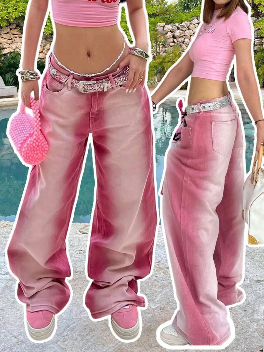 Quần jean ống đứng rách bụi thường ngày Y2K dành cho nữ, Phong cách nghỉ dưỡng, Mùa thu - Màu đỏ tím - Xem 1