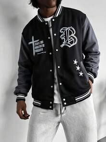 1pc Men's Spring/Autumn Fleece Baseball Jacket, Fashionable Casual Streetwear, Suitable For Commuting, Hiking, Loose Fit