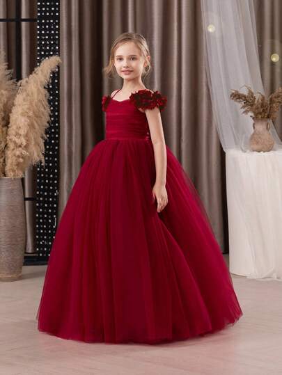 青少年女孩勃艮第 3D 花卉网眼覆盖派对礼服，优雅公主礼服适合女孩礼服、生日派对、舞会、婚礼、花童、伴娘、节日场合