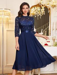 MIUSOL Abito a balze in chiffon con scollo a collo alto, maniche a 3/4, orlo con volant, decorato con paillettes e pizzo floreale, elegante abito da sera per signora, linea A, adatto per invitati a matrimoni, cerimonie di laurea, cene formali e altre occasioni, San Valentino - Blu Navy - Visualizzare 8