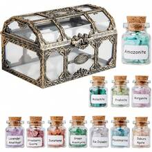 Crystal Chips Gemstone Bottles Set Of Different Mini Crystals For Spell Jars, Healing Crystals For Witchcraft In Vintage Box, Chakra Crystals And Healing Stones Set Witch Gifts Witchcraft Supplies