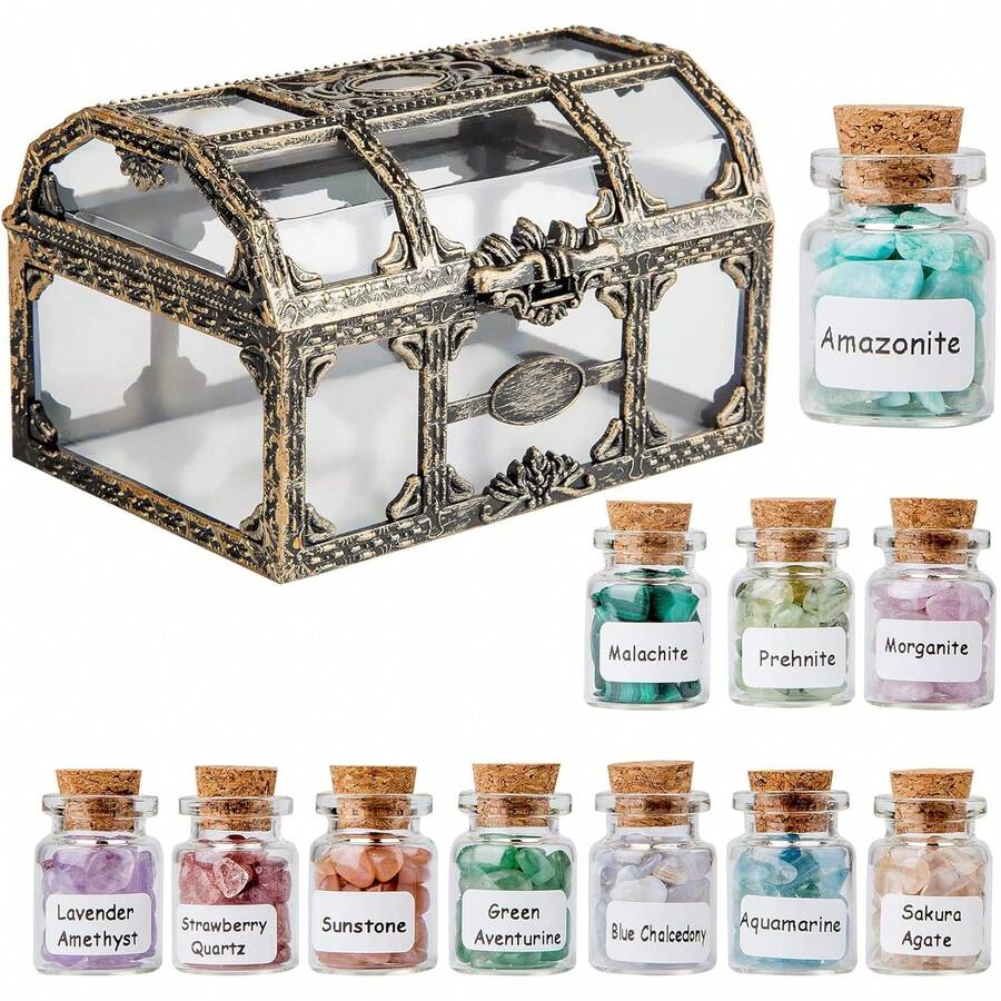 Crystal Chips Gemstone Bottles Set Of Different Mini Crystals For Spell Jars, Healing Crystals For Witchcraft In Vintage Box, Chakra Crystals And Healing Stones Set Witch Gifts Witchcraft Supplies