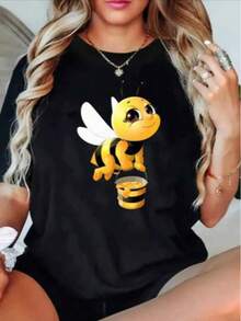 Blusa casual para mujer de moda con cuello redondo, manga corta y estampado de abeja, cubeta de miel - Negro - Ver 1