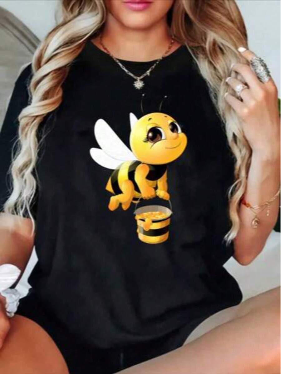 Blusa casual para mujer de moda con cuello redondo, manga corta y estampado de abeja, cubeta de miel - Negro - Ver 1