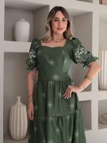 Vitoria Midi Dress With Crepe Print, Stretch On The Back, Short Sleeves - Verde Oliva - Ver 5