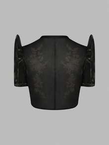 Amyenjoylife 现代菲律宾风情女士优雅泡泡袖亮片图案短袖上衣 黑色夏季 - 黑色 - 查看 2