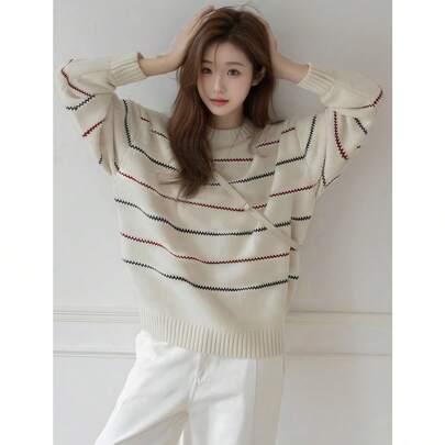 여성 빈티지 스트라이프 크루넥 스웨터, 가을/겨울