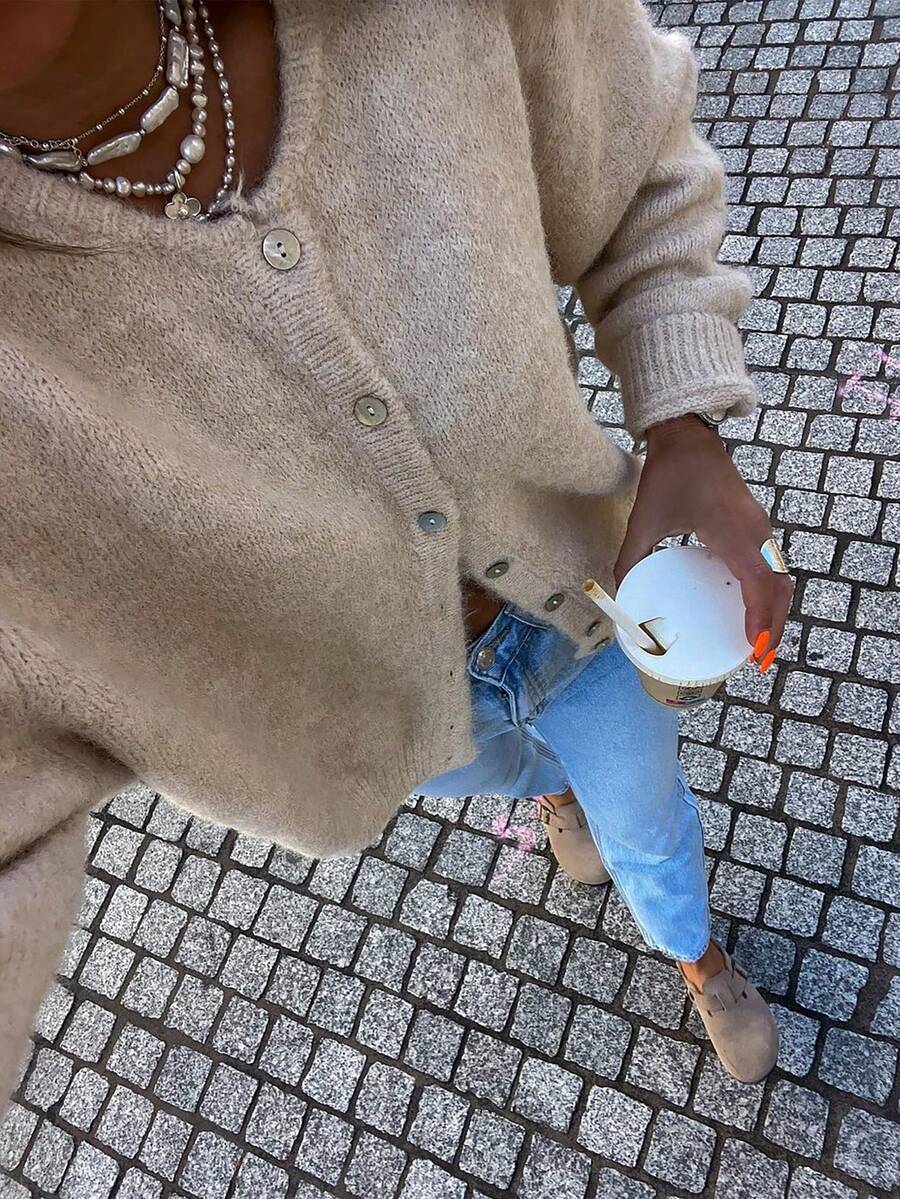 SEREN纯色圆领长袖单排扣针织衫，时尚简约，优雅温柔，适合日常通勤和外出穿着，街头风开衫，女士秋季服装 - 米色 - 查看 1