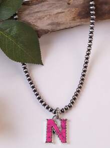 1pc Western Country Style Vintage Textured CCB Multicolor Leopard Print Black & White Plaid 26 Letter Minimalist Pendant Necklace, Sweater Chain