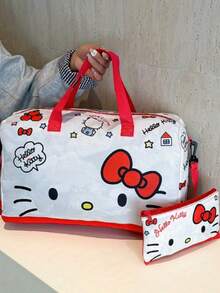 2pcs/Set KT Cat Trolley Travel Bag & Cosmetic Bag Set, Kurumi Handheld Short Trip Luggage Bag, Melody Large Capacity Gym Bag