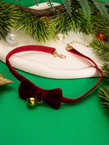 1 件天鹅绒蝴蝶结小铃铛颈饰，适合圣诞节女士项链，节日派对必备配饰
