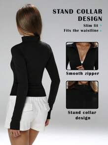 这款运动夹克采用简约时尚的设计，融合了学院风和运动元素。长袖带拇指孔，舒适弹力的面料适合舞蹈/普拉提等运动。前拉链设计搭配低领，方便您轻松从街头过渡到健身房。塑形缝线、修身剪裁、全面覆盖、带拇指孔的长袖、有效收腰设计、提胸褶裥、360°弹力结构以及防滑拉链护片，打造完美身材。女士修身拉链夹克 - 黑色 - 查看 2