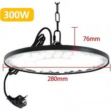 300W Luz LED tipo UFO para iluminación industrial de alta potencia, 6500K y IP65 resistente al agua, con gancho/cadena/enchufe para fábrica, almacén, taller, tienda, garaje, gimnasio, cobertizo industrial - 300 W - Ver 9